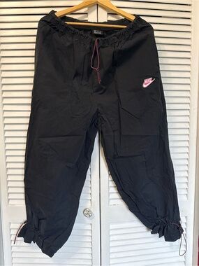 Nike wide leg Black Track Pants with Pink Logo & Drawcord